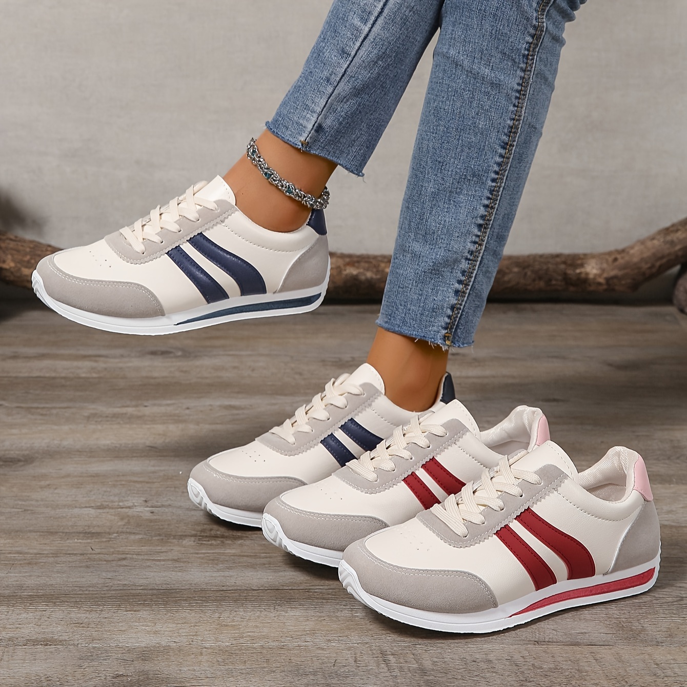 

Women's Casual Running Sneakers - Waterproof Cover, Lightweight & , Lace-up Low Shoes In White With Blue/red Stripes And Accents