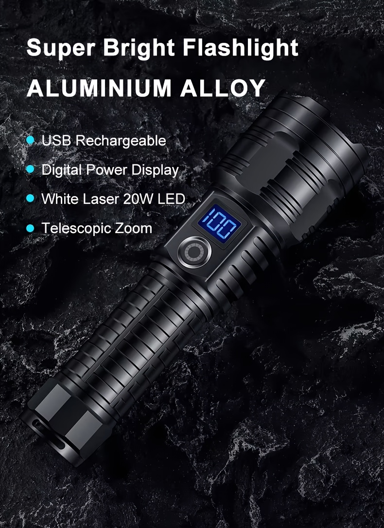 white laser flashlight | aviation grade aluminum alloy with   lighting system |   switch for high/medium/low/flash/sos |   display &   focus |   usb cable | ideal for camping, emergency,   use Product details 0