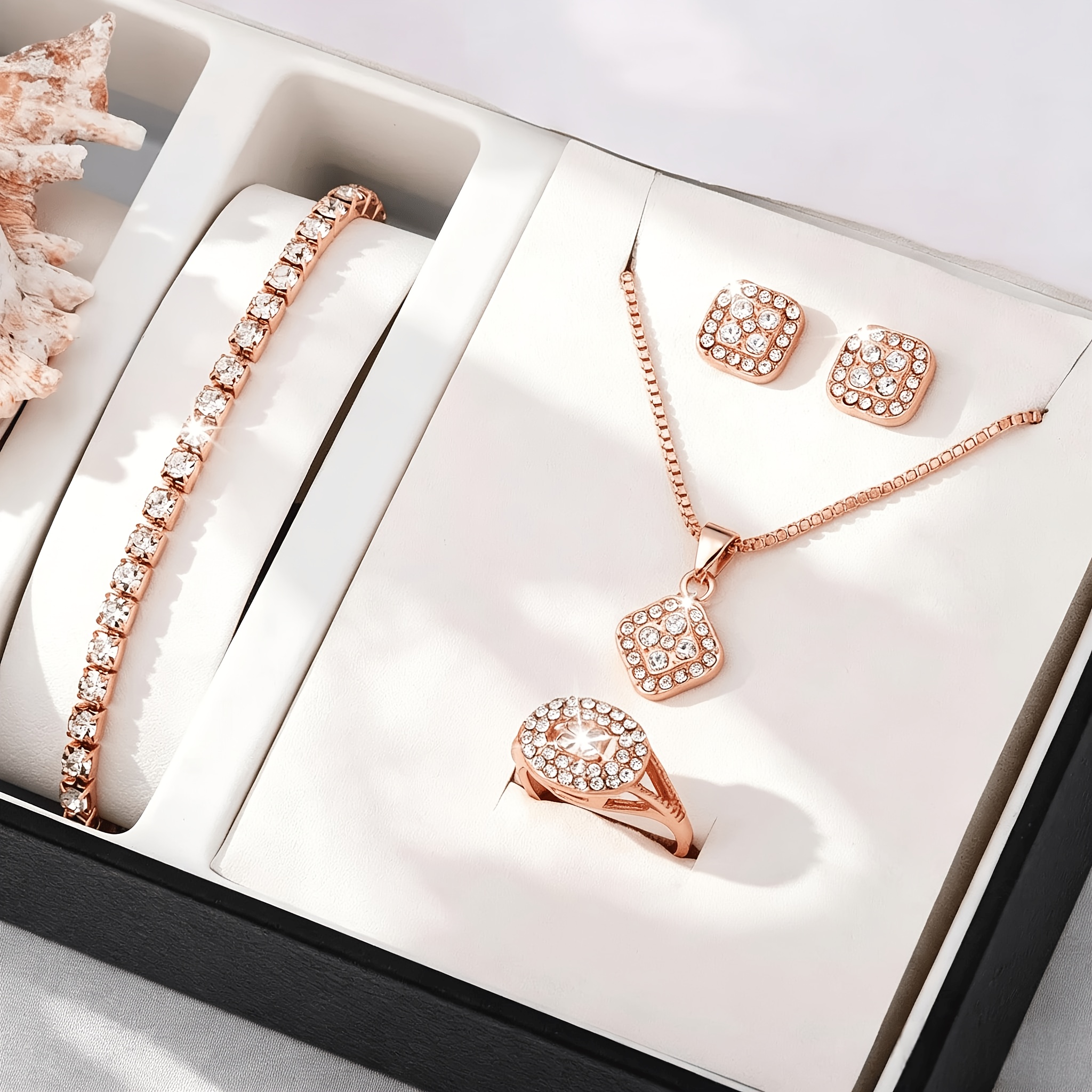 TEMU 4pcs Set Of Women' Luxurious Rose Golden Jewelry, Including Square Pendant Necklace, Stud Earrings, Ring, And Bracelet Set. Elegant And
