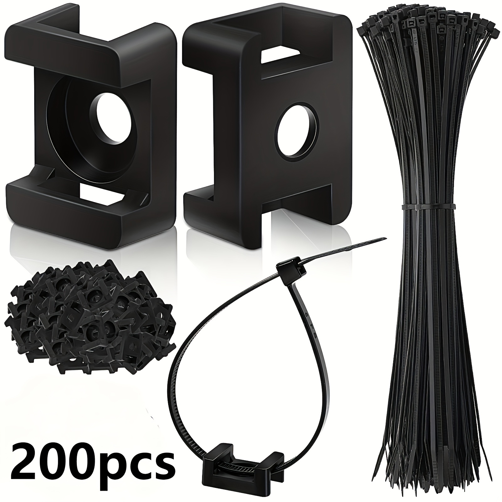 E-shop 200-teiliges schwarzes Kabelbinder-Montage-Set mit 6-Zoll-Kabelbindern, Kabelschnürung, geeignet für Sockelleisten, Wände, Schreibtische,