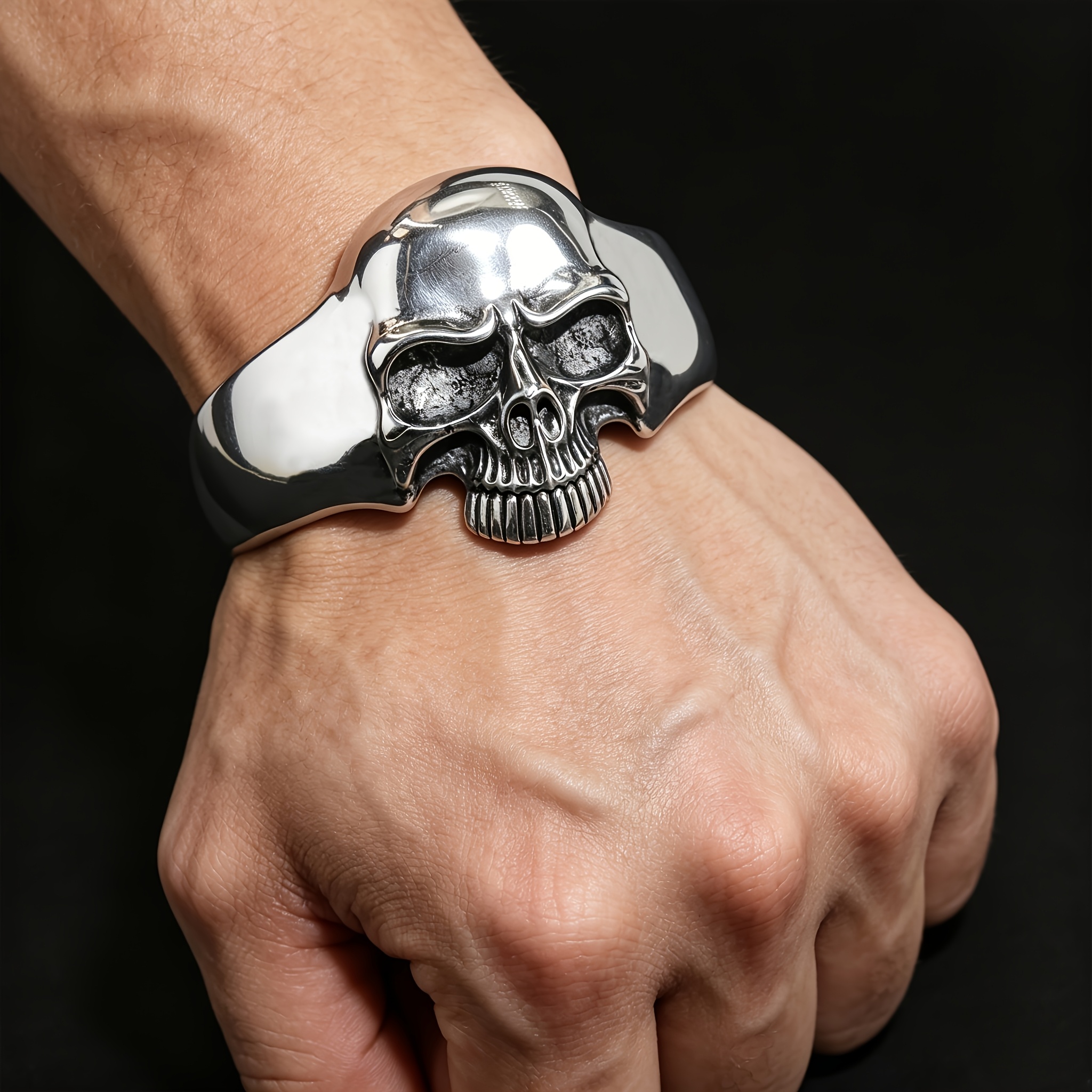 TEMU Bracelet ouvert crâne vintage pour hommes, bijou accessoire de poignet style hip-hop rock punk, cadeau style moto