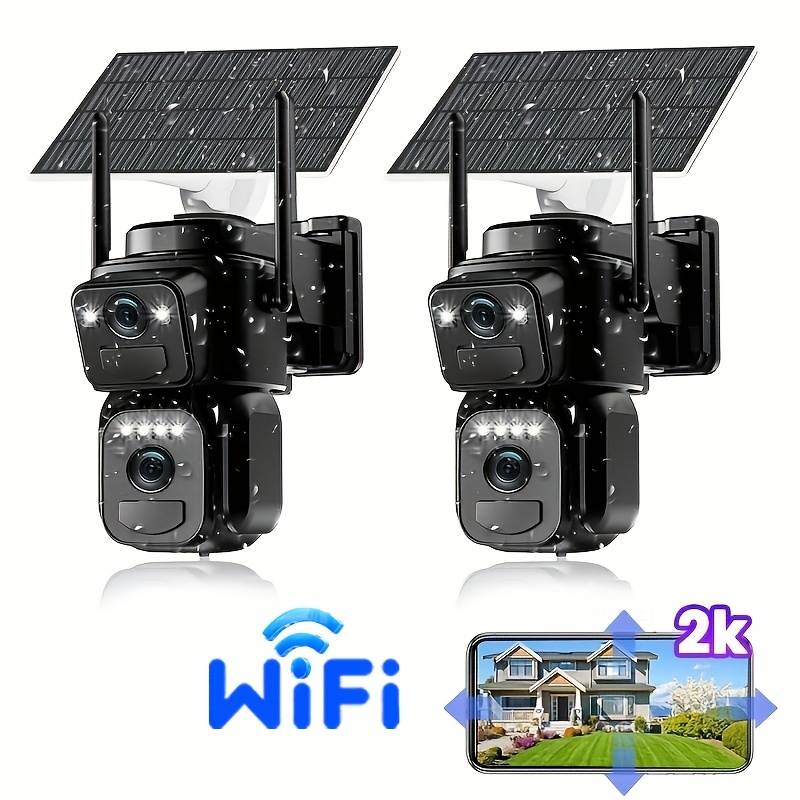 Image of 2pcs, 2k Qhd Ip66 Dual Lens Solar Security Camera Wireless Outdoor, 2.4ghz Wifi Ptz Camera Battery Powered For With Color Night Vision, Auto Tracking, Human Detection, Spotlight Siren