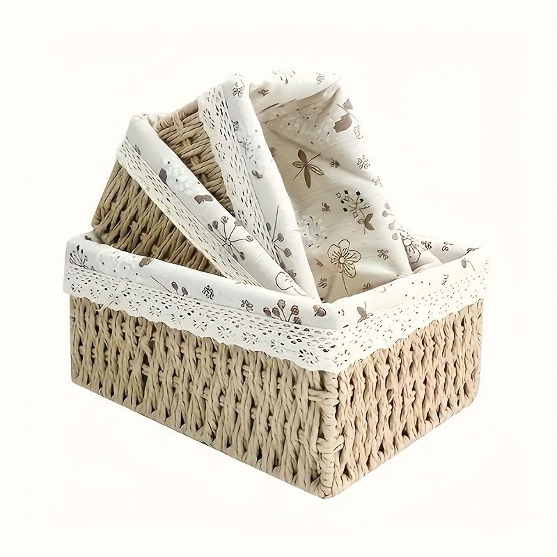 3pcs   woven storage basket with lace accents desktop fabric storage living room rattan storage basket Product details 0