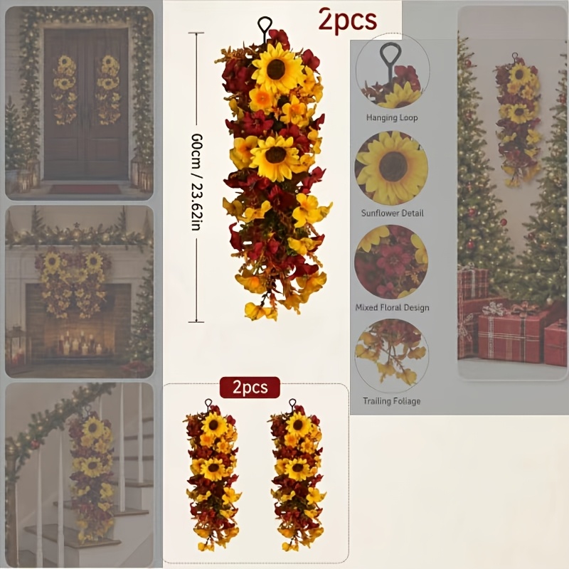 TEMU 2pcs Autumn And Sunflower Wall Hanging Artificial Door Ornaments, Suitable For Autumn Holidays Home And Outdoor Decor, Ideal For Table