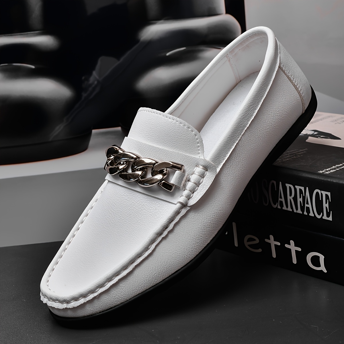 mens stylish white loafers with metallic chain decor slip on