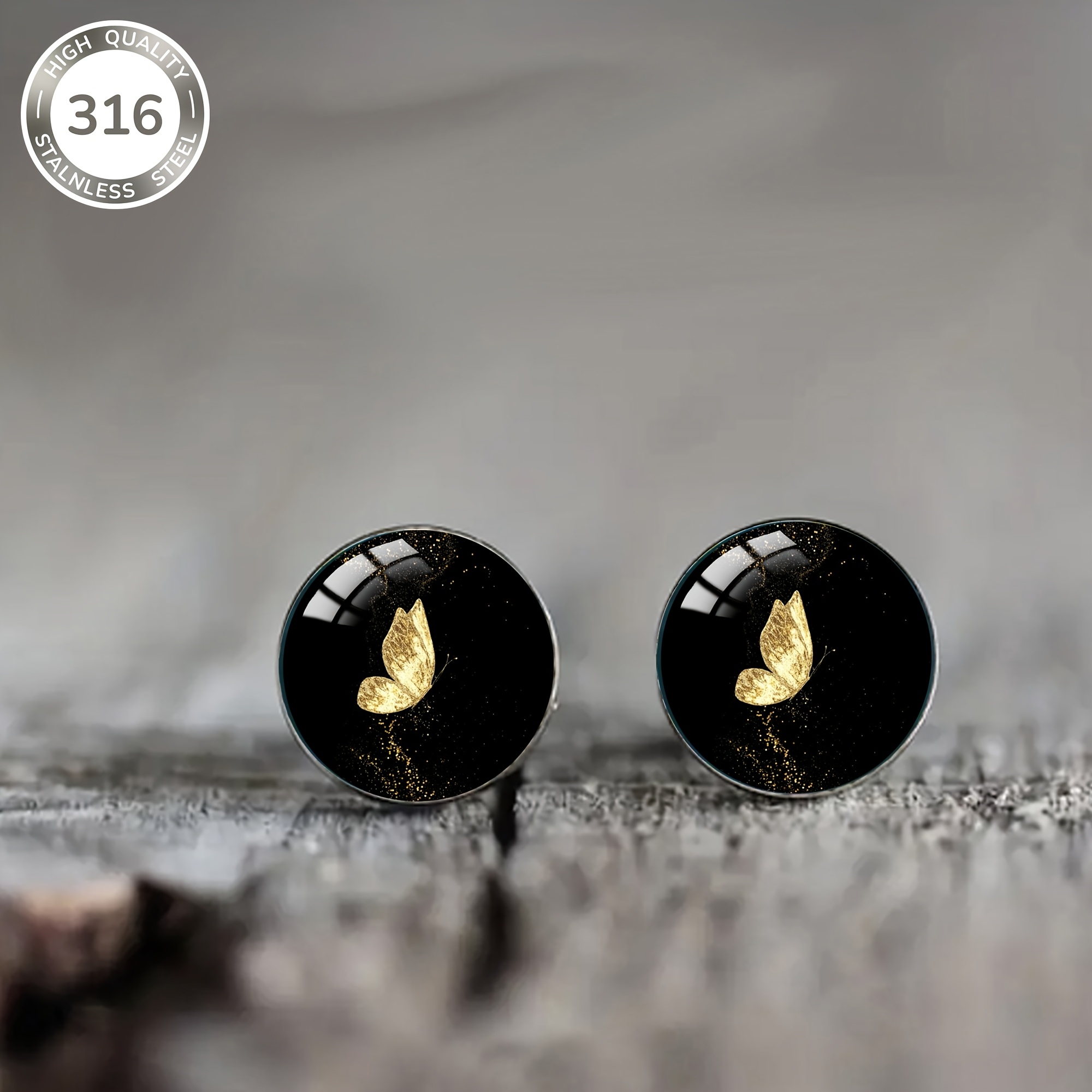 1 Pair Of Black And Golden Minimalist Pattern Steel Stud Earrings, Elegant And Jewelry For Men And Women To Or At Parties