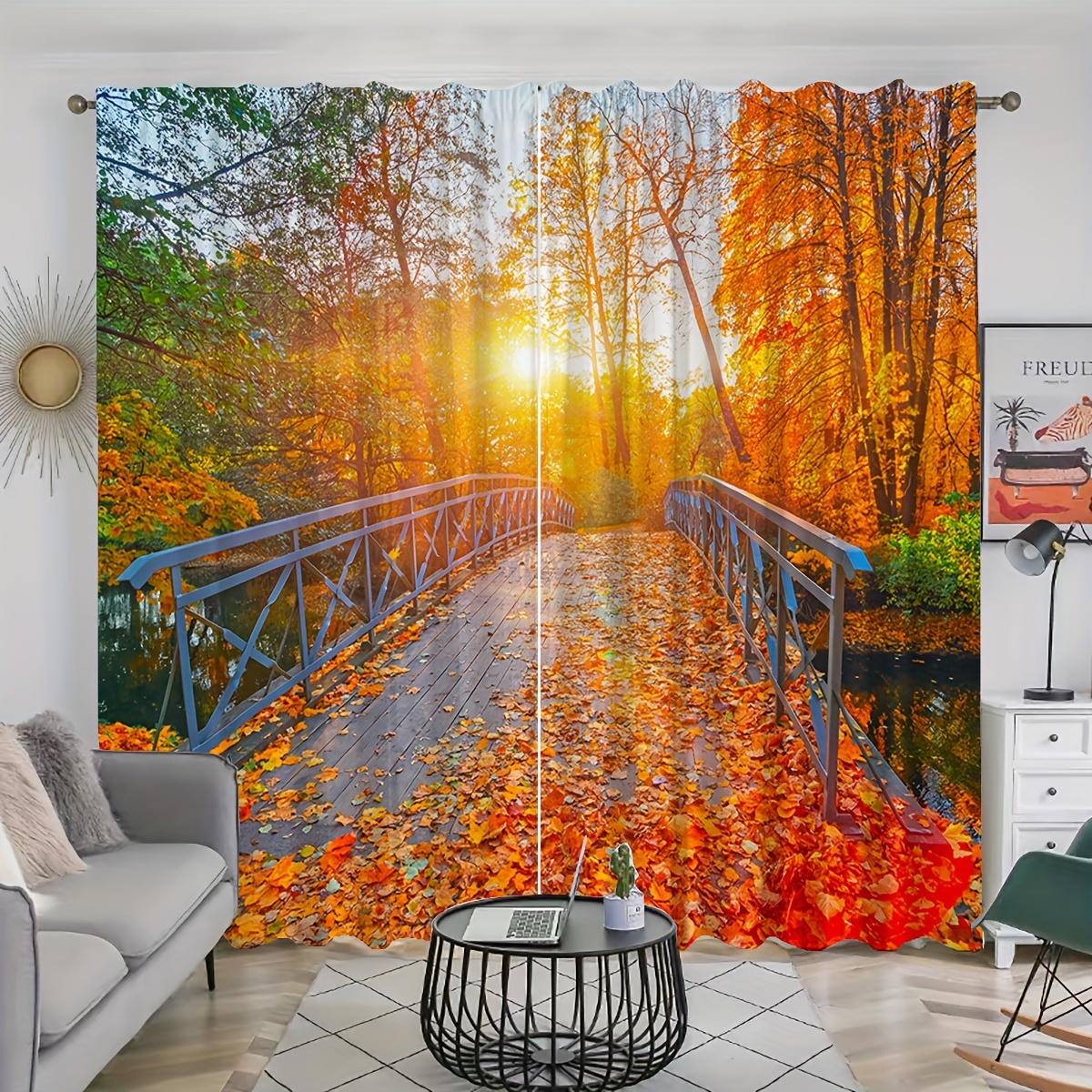 

2-piece Set Autumn Forest Lake Bridge & Golden Pathway Printed Curtains - Rod Pocket Design For Easy Hanging, Perfect For Living Room, Bedroom, Office, And Dining Decor