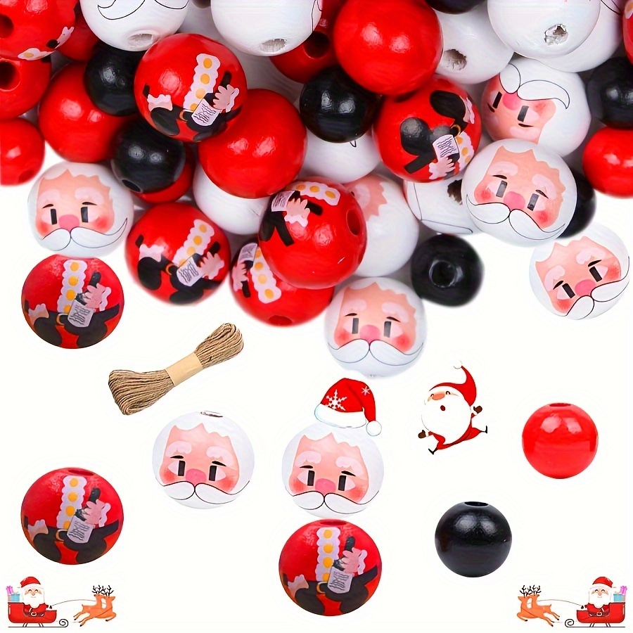 

40Pcs 20Mm Perles en Bois Festives - Motifs Père Noël & Gnome pour Décorations de Noël, Nouvel An & Thanksgiving - Perles Artisanales Naturelles Rouges & Vertes pour Fournitures de Fête DIY