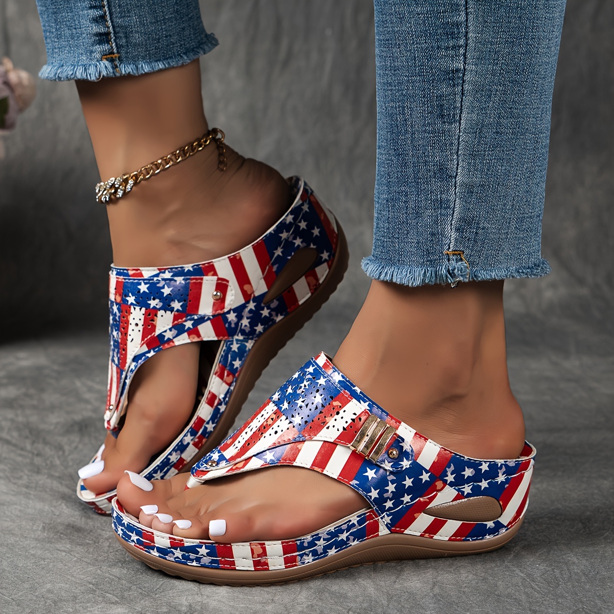 

Women's Wedge Flip Flops, American Flag Print, Comfortable Summer Sandals, Beach Slip-on Shoes With Heel Strap, Casual Footwear For Outdoor & Holiday Wear