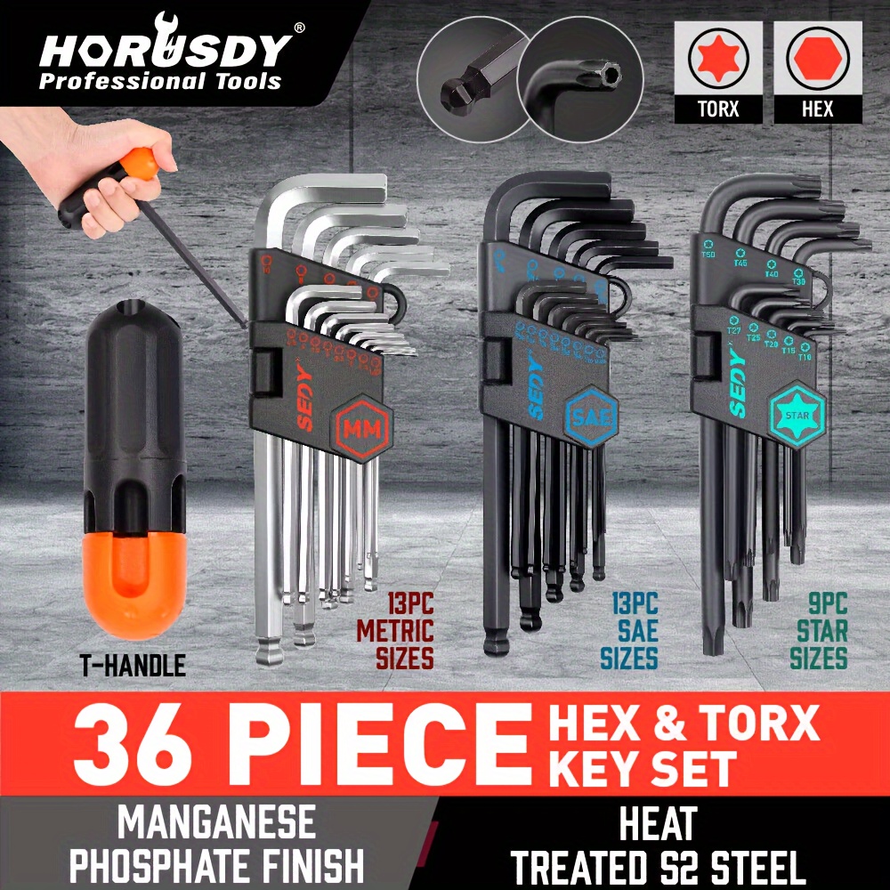 

36pc Allen Key & Star Torx Hex Wrench Set Ball End Metric Sae Long