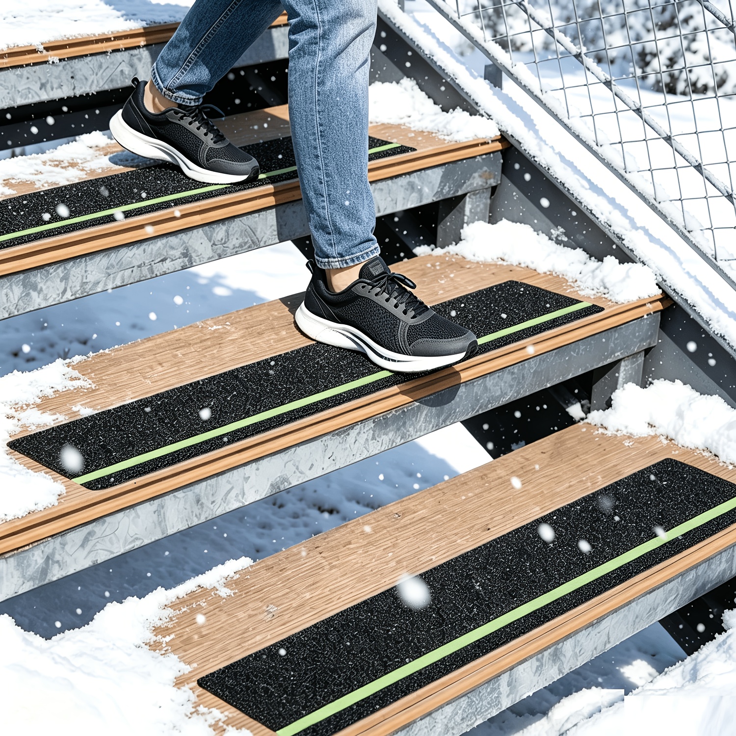 4-12pcs Outdoor Anti-Slip Luminous Treads, with Luminous Stripes, Best Outdoor Anti-Slip Tape, 80 Grit Adhesive Treads, Can Be Used for Winter, Rainy Days Outdoor Stairs Steps with High Adhesion Friction Anti-Slip