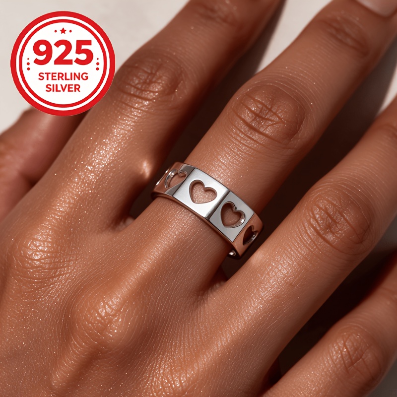 925 Silver Hollow Heart Geometric Adjustable Ring, Gift for Couples