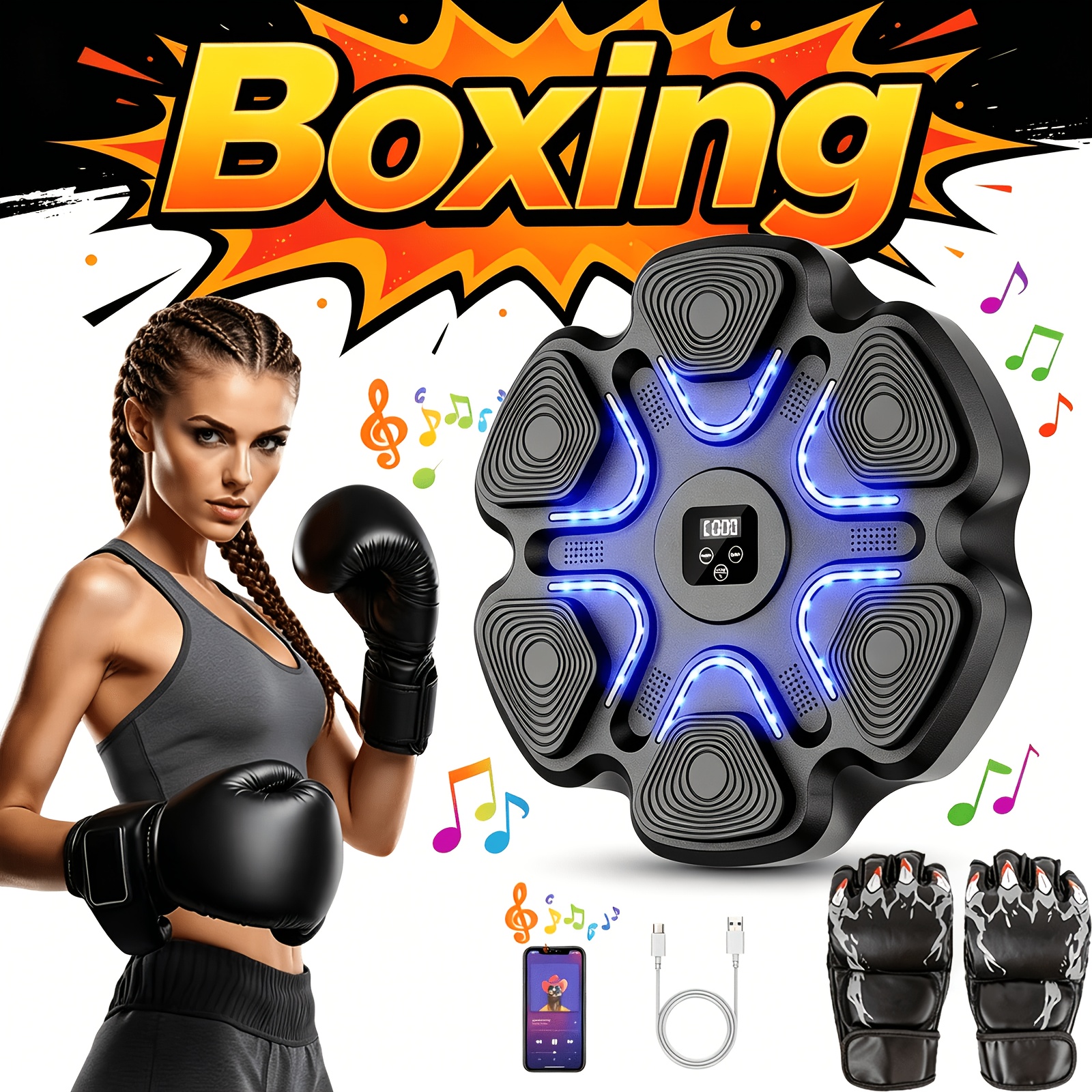 Image of Music Boxing Machine, Boxing Wall Mount Machine For Adult, Smart Focus Punching Traineing Machine With Boxing Gloves, Boxing Workout Equipment For Home, Office, Gym