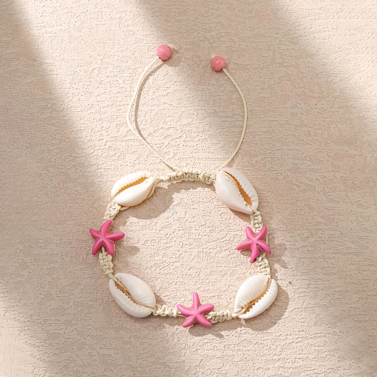 Boho Starfish & Shell Rope Knot Bracelet Pink Starfish Shells & Coral Beads