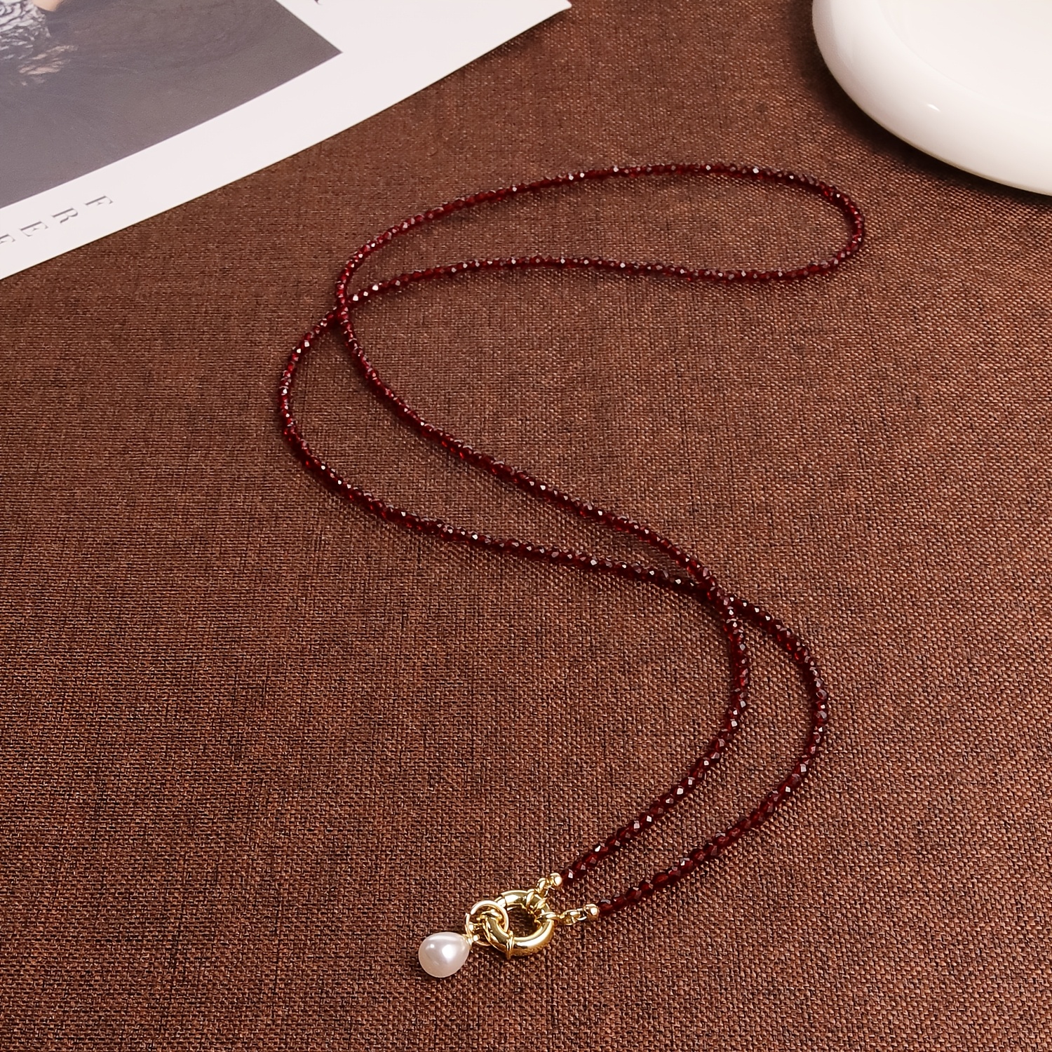 TEMU 1pc Elegant Natural Stone Mid-long Necklace 80cm Garnet Black Agate Pendant Ideal Daily Gift For Her