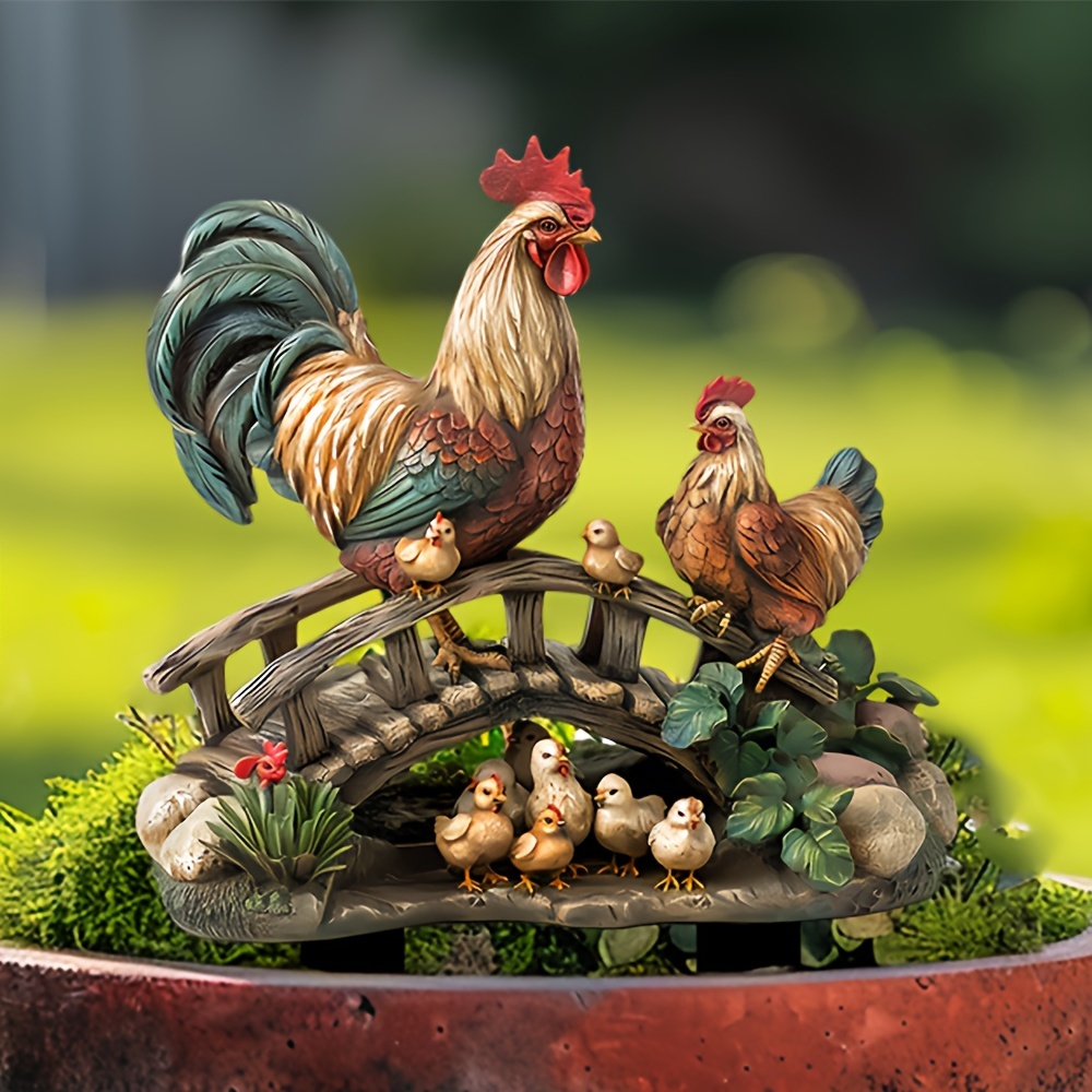 

Rooster Stake - Vibrant Acrylic Outdoor Decor With Lifelike Chickens On Bridge, Ideal For Patio & Potted Plants, Easy-to-install, New Year's Celebrations