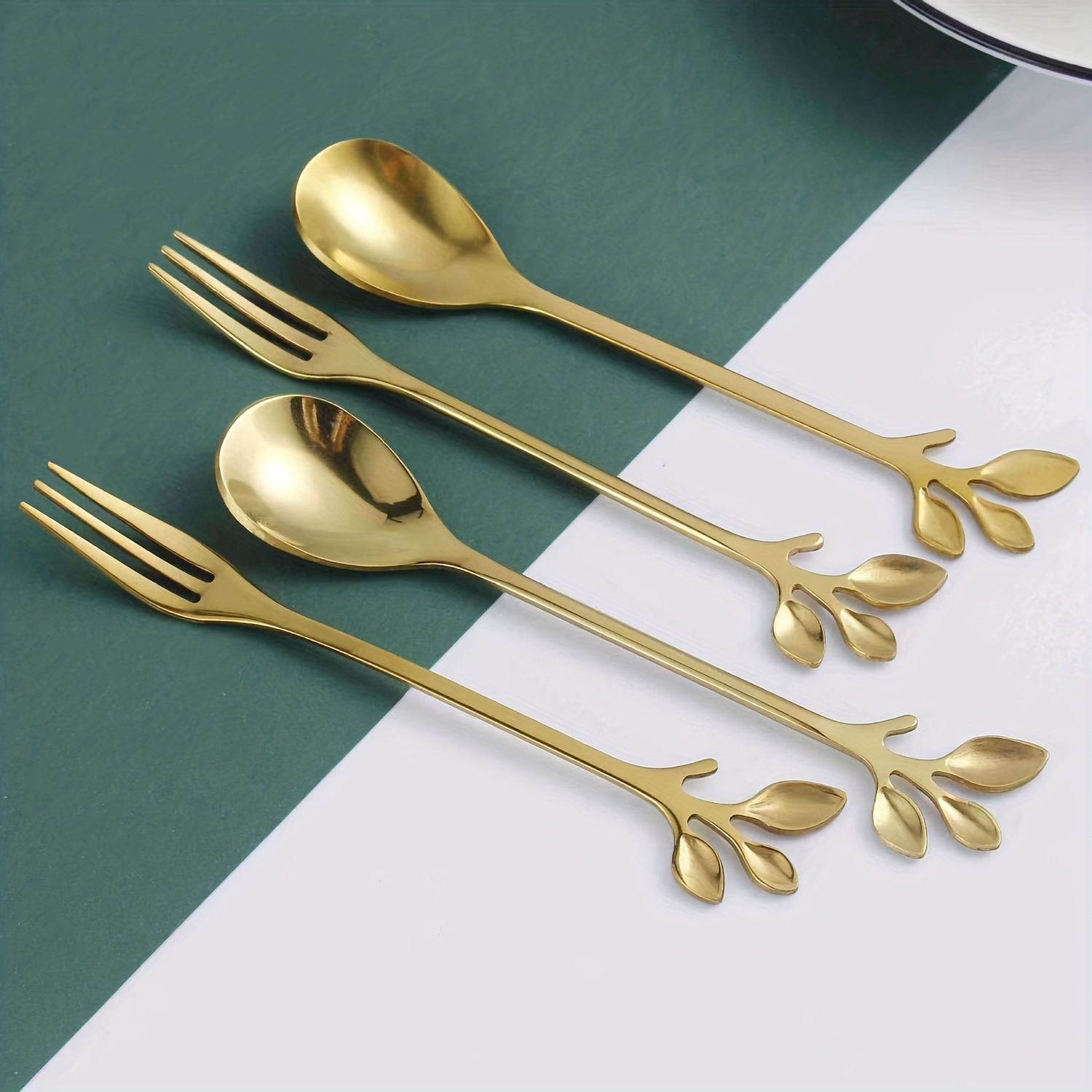 10pcs golden stainless steel cherry   spoons and forks   utensils spoons forks dining entertaining flatware details 5