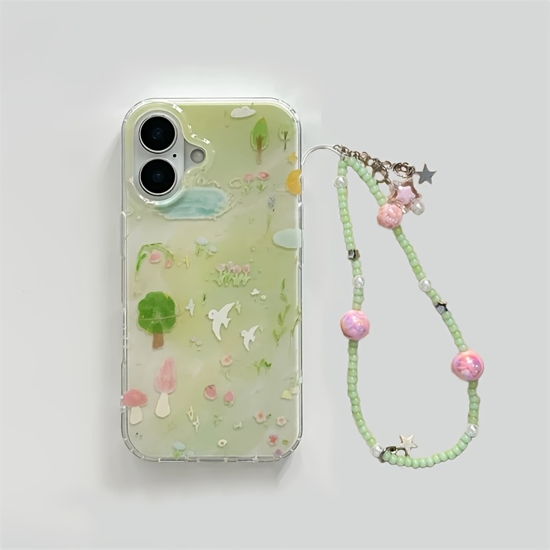 TEMU Phone Case - A Translucent White Phone Case With A Spring Forest On A White Background, With A Pink-green Bead Chain, Compatible With For Iphone