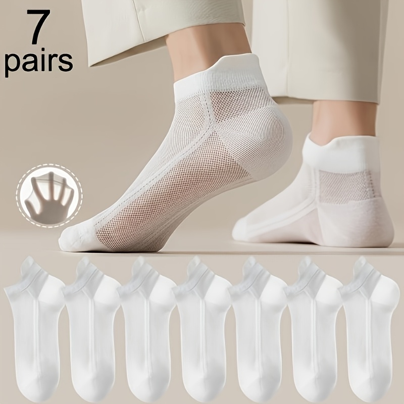 7 Pairs Women's Breathable Mesh Invisible Ankle Socks - Lightweight Elastic Fixed Heel, Solid Color Casual Spring Summer Autumn Machine Washable Non-slip Design