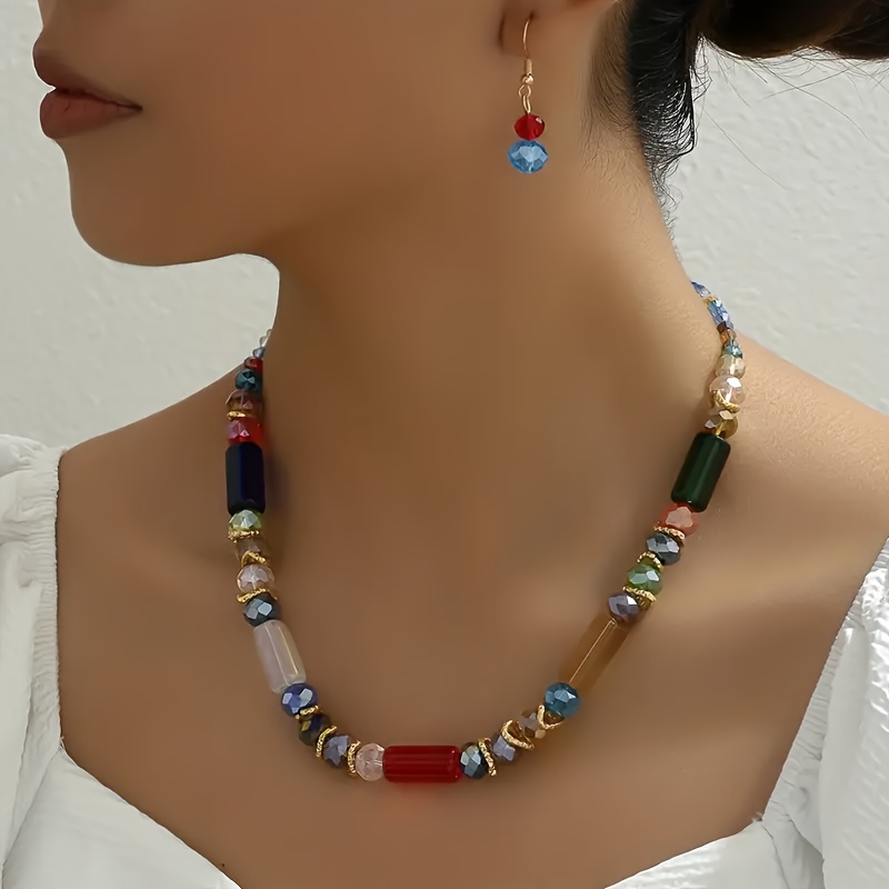 TEMU A Necklace And A Pair Of Earrings In Vintage Style, Featuring Colorful Geometric Beads That Blend Bohemian And Fashion, Gifting And Vacations