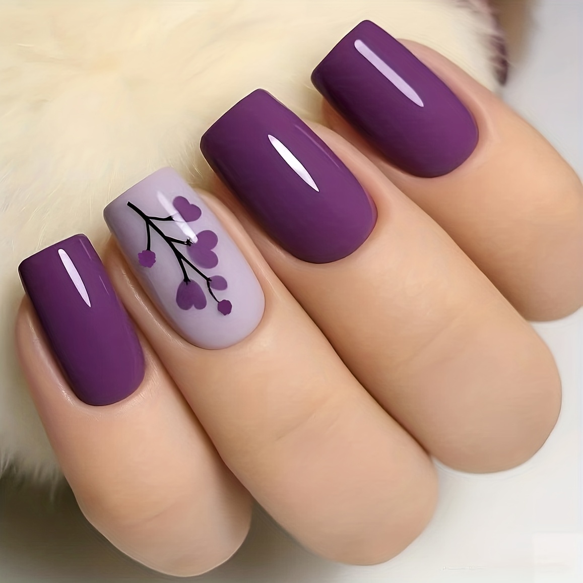 TEMU Women's Fake Nail Set With Purple Floral Pattern, Glossy Finish, , Suitable For Casual Wear