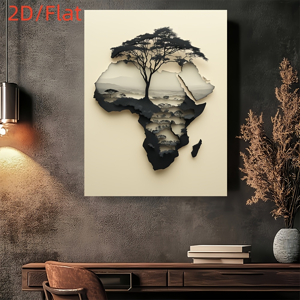 2D Flat, 2D Flat, 2D Flat A Modern Vintage Design Featuring a Black And White Map of Africa with a Tree, Printed on a Frameless Canvas. This High-Quality Poster Is Perfect for Elegant Home Office Decor And Is Currently on