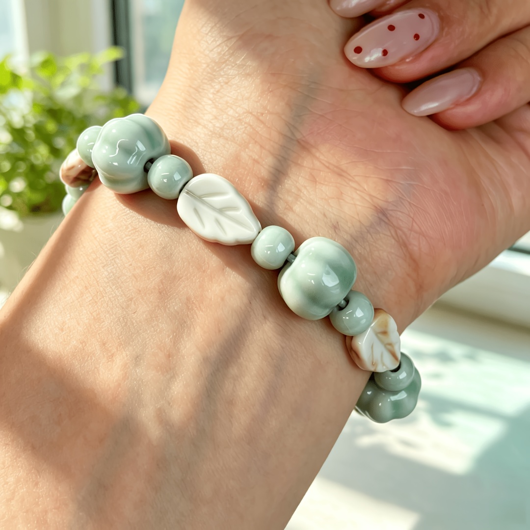 Celadon-Glazed Ceramic Pumpkin-Shaped Stretch Bracelet