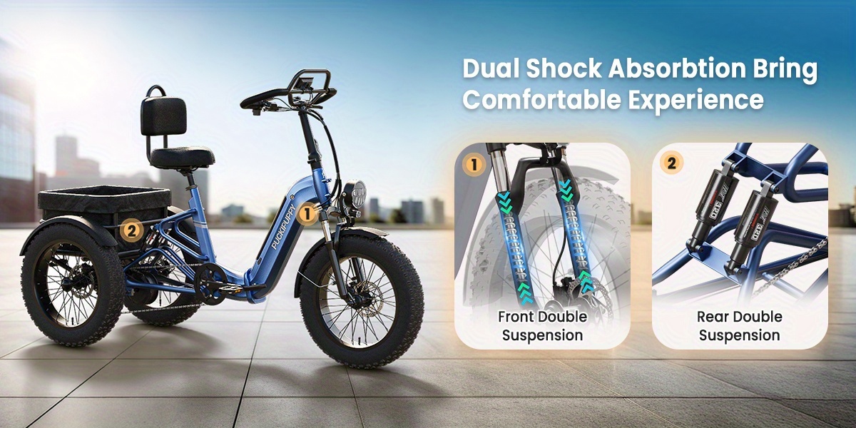 full suspension   for adults rear mounted high power motor 20 tire wide seat   with reverse 48v 720wh battery 75 miles 19mph cargo tricycle with torque sensor large basket turn   adult tricycle   riding sturdy frame     motor reinforced tires cargo bike powerful motorcycle e bike Product details 2