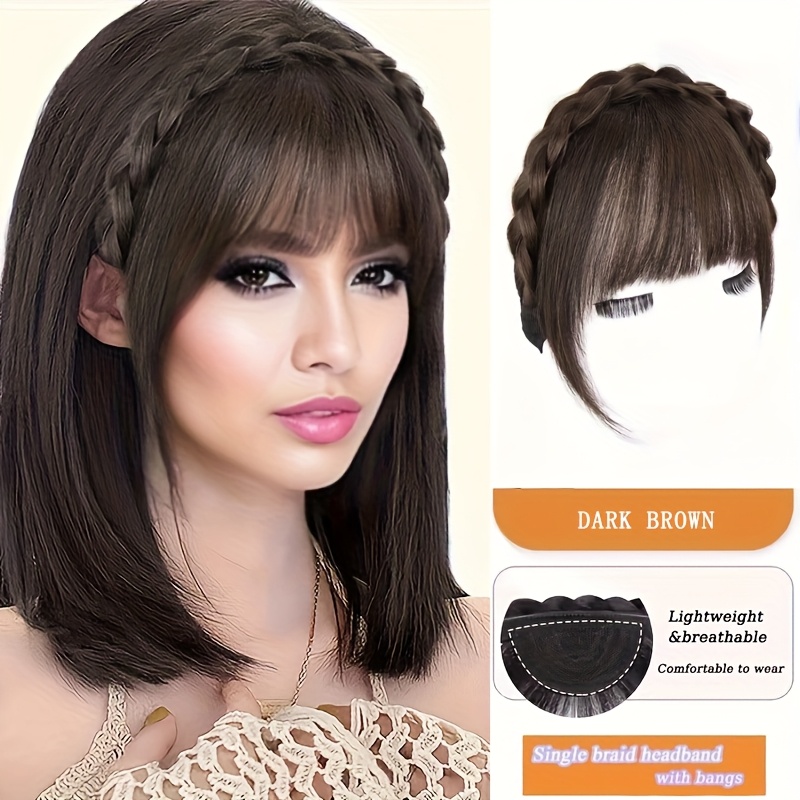 TEMU 1pc Women's Elegant Braided Bangs Headband, Fashionable Braided Headband With Bangs And Sideburns Synthetic Braided Headband, Matching Women's