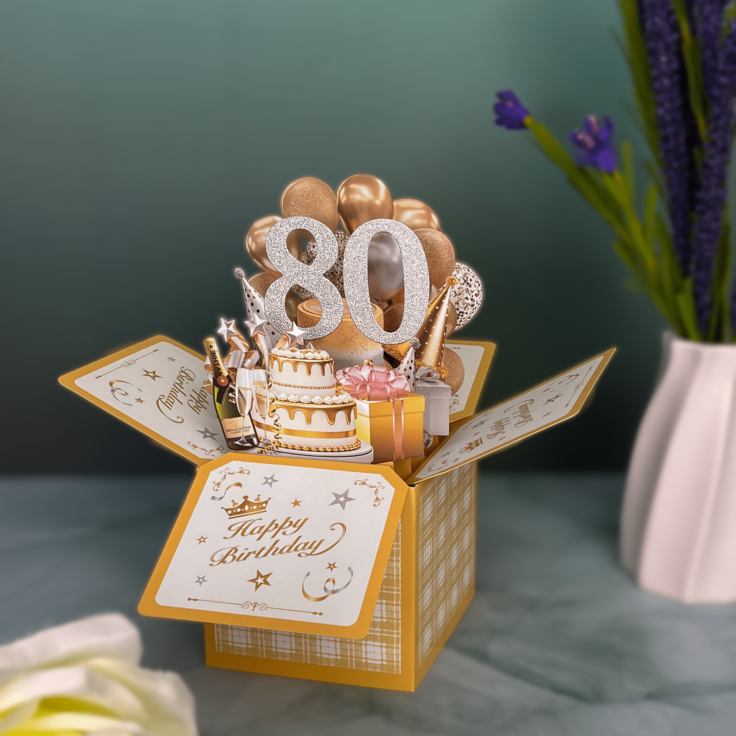 TEMU Happy 80th Birthday Card, 1pc Pop-up 3d Greeting Card With Envelope, Suitable For