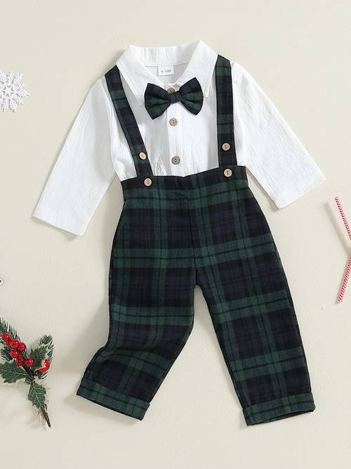baby boy gentleman outfit solid long sleeve lapel neck romper with suspender pants and bow tie 3pcs set for outdoor