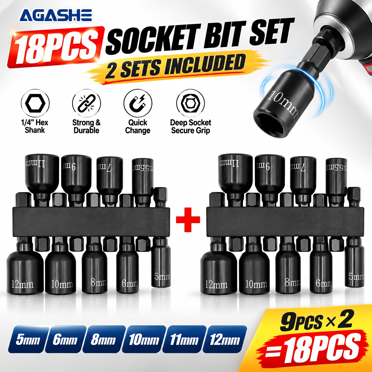 TEMU 18pcs Magnetic Nut Driver Set, Metric Hex Socket Drill Bits With 1/4-inch Hex Shank, Black Magnetic Jaw Adapter, Sizes 5mm 5.5mm 6mm 7mm 8mm 9mm