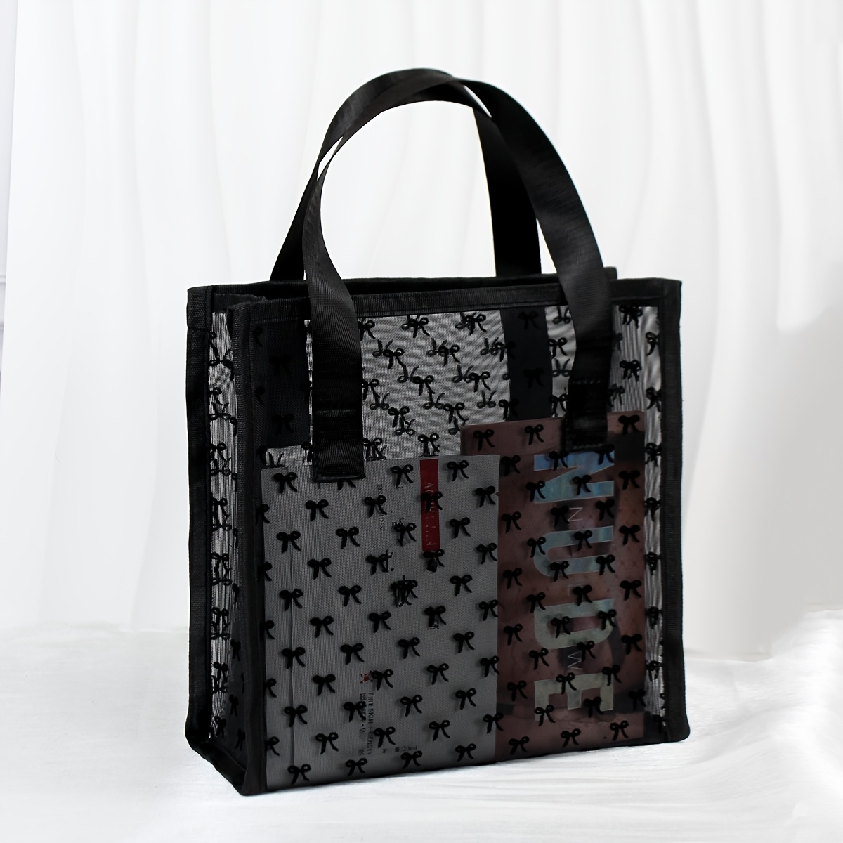 TEMU Grand Sac à Main Noir en avec Cœur - Tote Ouvert avec Découpes en Cœur et Double Poignée, Sac de Plage Léger en Nylon pour Voyage, Piscine,