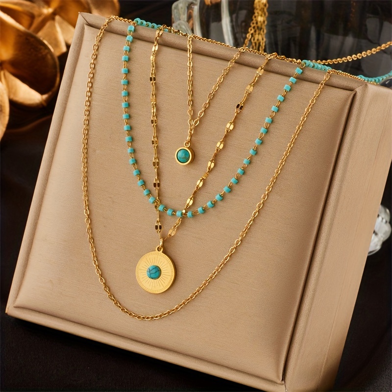

Boho Party Layered Necklace Set - Plated, Stainless Steel Multi-layer Chain With Irregular Round Turquoise Zircon Pendant, Fashionable Personalized Jewelry For Daily & Gift Occasions