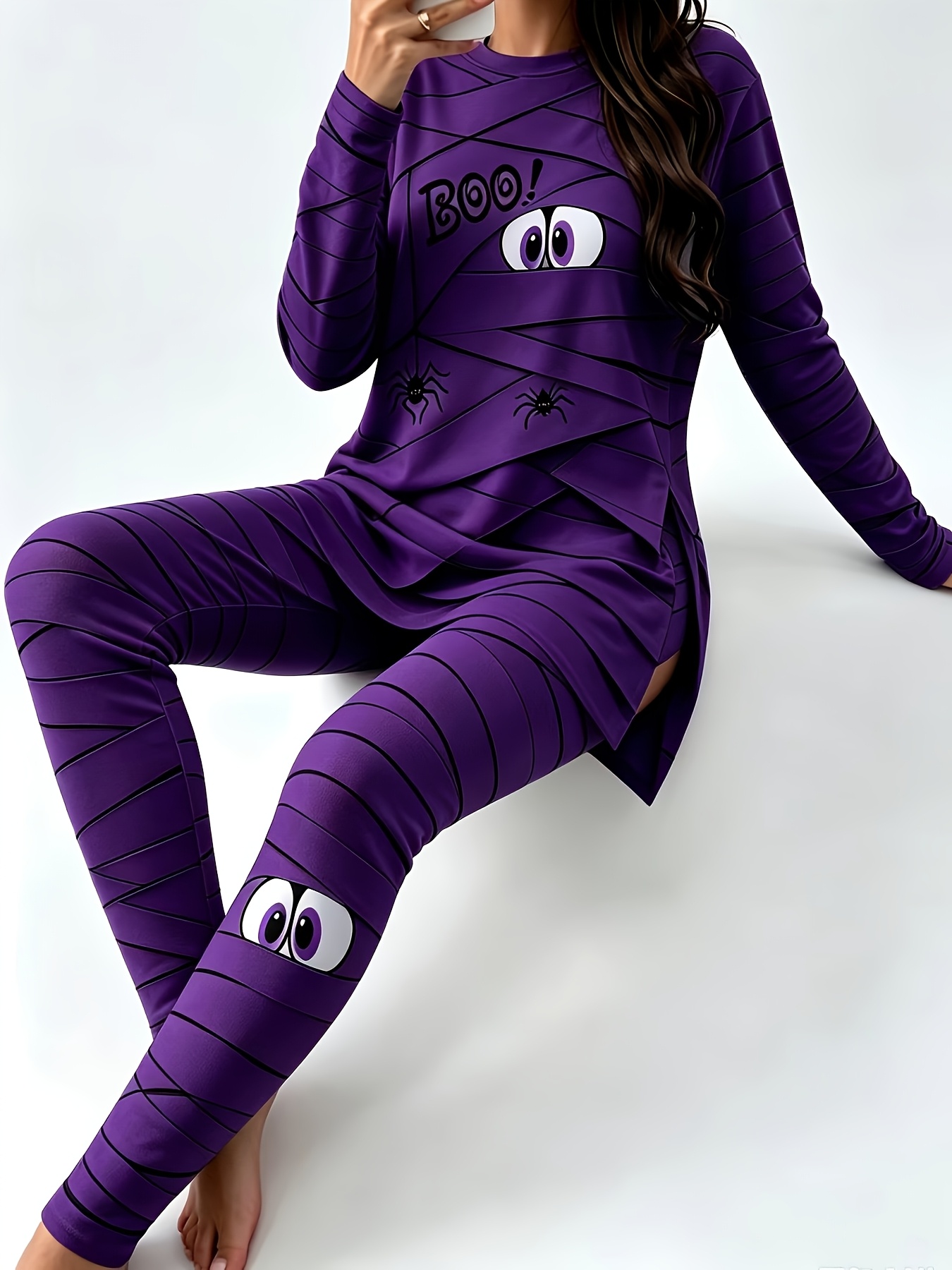 women halloween   boo   graphic 2pcs set long sleeve split hem top stretch leggings halloween party casual loungewear outfit suitable daily   and leisure   an   casual sporty outfits
