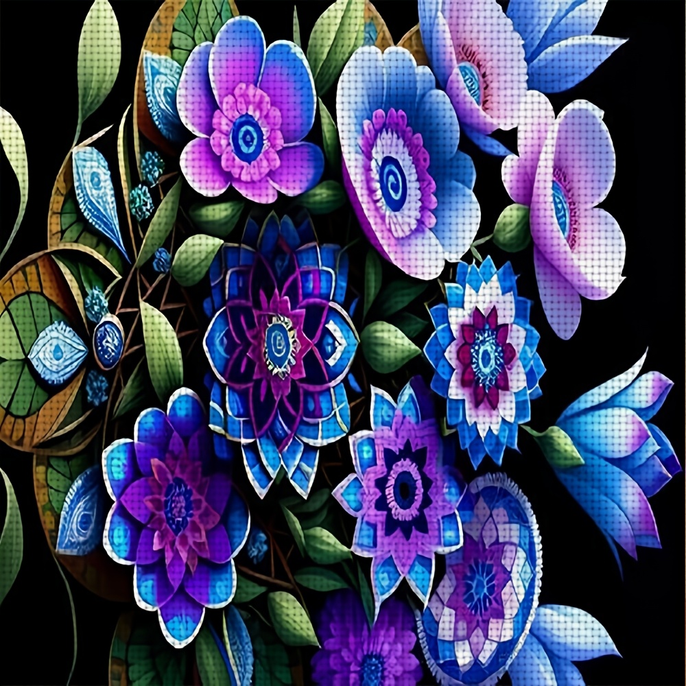 Frameless DIY Cross-Stitch Printed Kit, Blue-Purple Art Floral Pattern