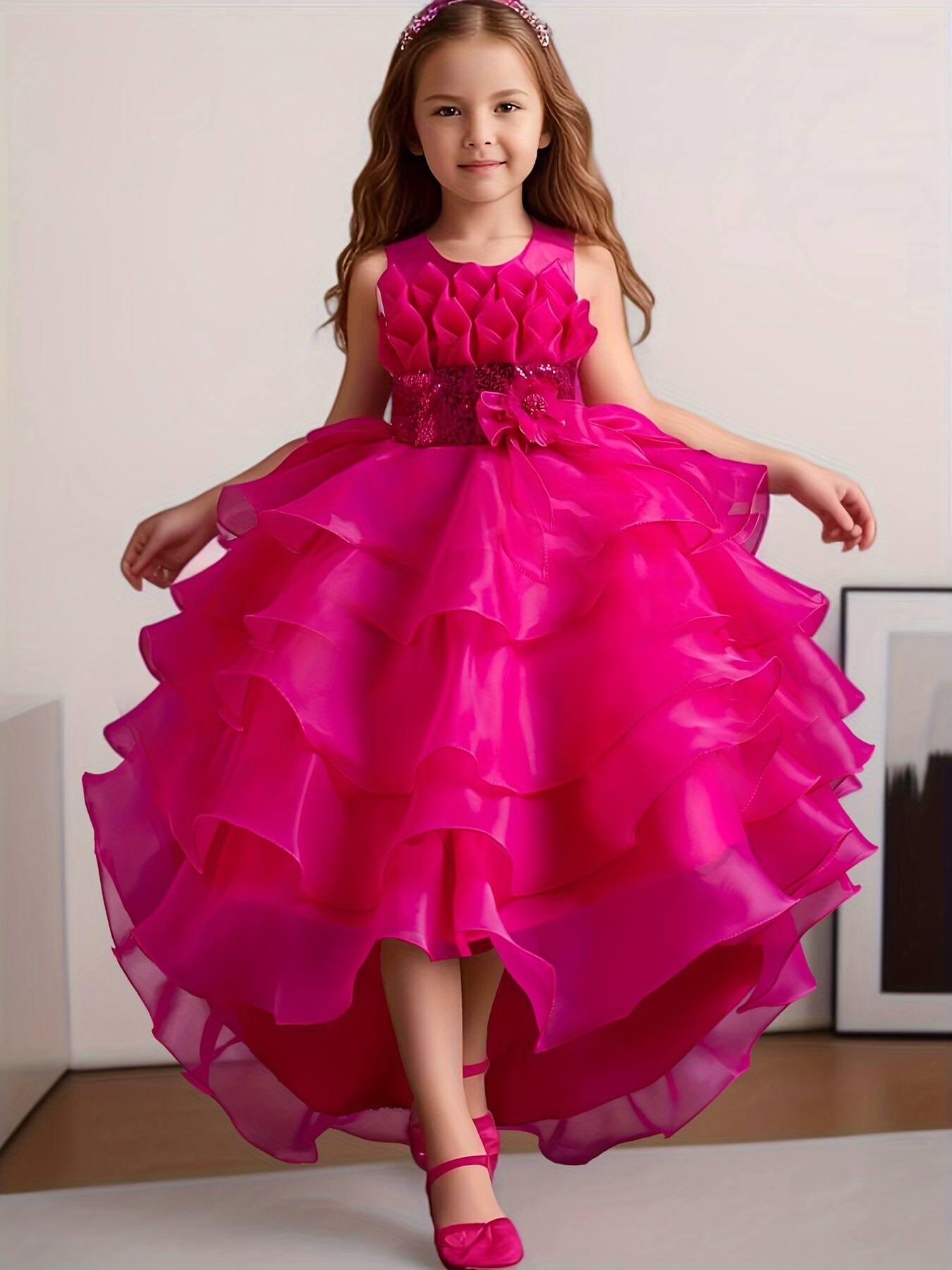 Girl's High-low Tail Dress Pink Sequin Layered Tulle Gown Performance Wedding Flower Girl Princess Dress Graduation Ceremony Puf