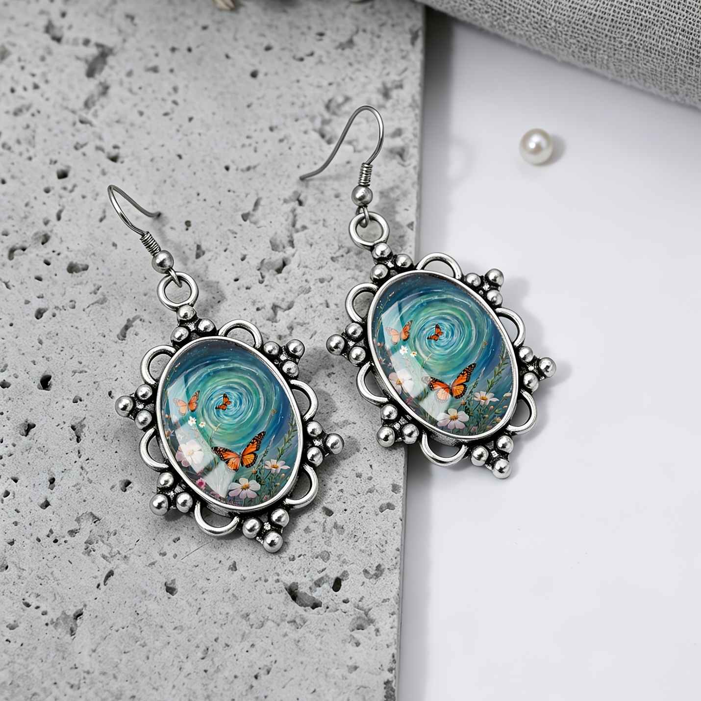 Dreamy Vortex Butterfly Pattern Oval Earrings, Retro Elegant