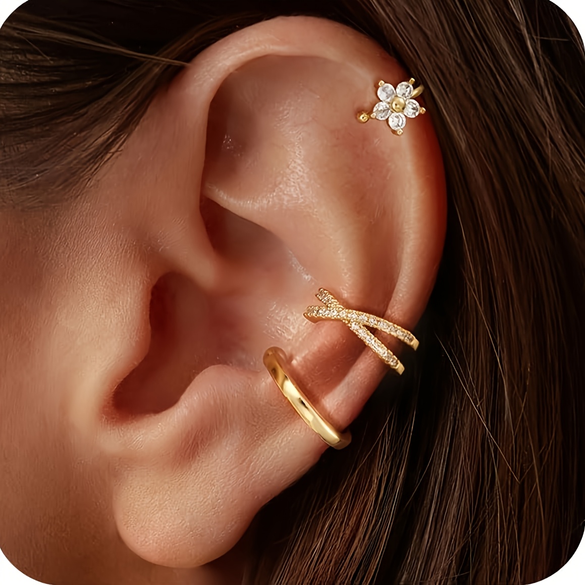 E-shop Ohr-Cuff-Ohrringe für Damen, zierliche Ohr-Cuffs Clip-On-Ohrringe ohne Piercing, trendiger kubischer synthetischer Zirkonia Knorpel-Creolen,