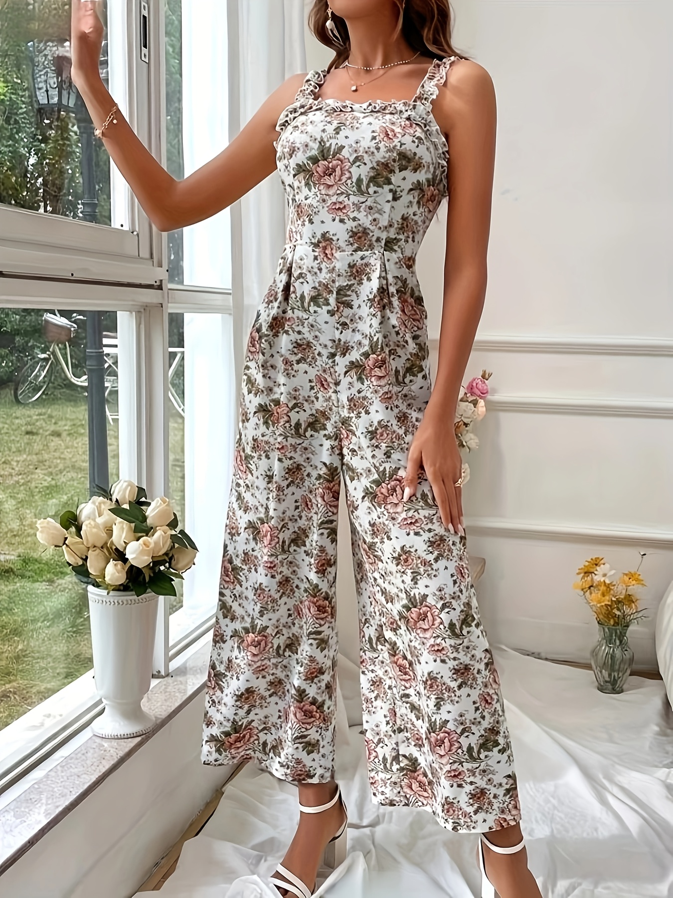 Floral Ruffle Wide Leg Jumpsuit Elegant Floral Print Ruffle Wide