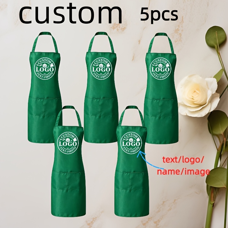 TEMU 5pcs Custom Personalized Aprons With Photo, Logo, And Text, Adjustable Waist With Elastic, Suitable For Kitchen Use, With Pockets For , An Ideal