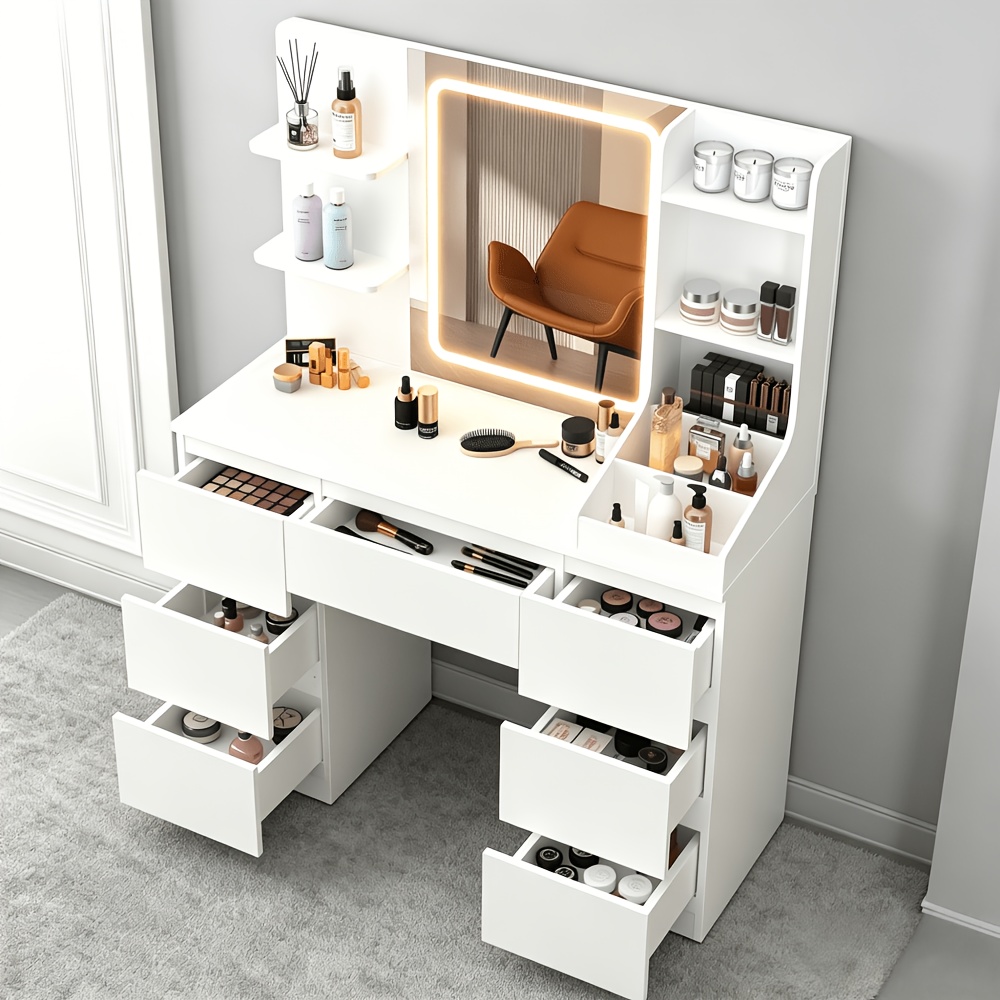 vanity desk with mirror and led lights 43 makeup vanity desk 3 color   7 drawers 4 storage shelves vanity table makeup table adjustable brightness dressing table for bedroom dressing room