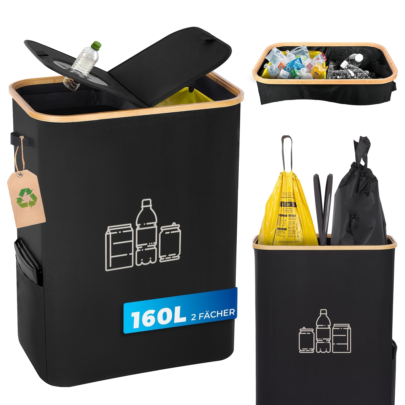 Image of Yellow Bag Holder With Lid And Bottle Collection Container 2 In 1 For 60l-120l Yellow Trash Bags With 1 Washable Inner Bag, Kitchen Waste Sorting System Container (black)