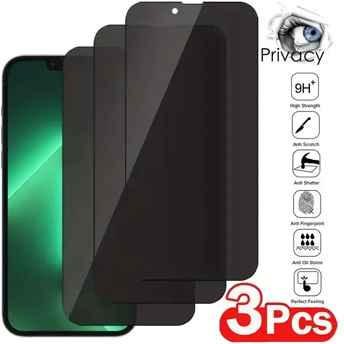 

3-pack Privacy Screen Protector For Iphone 14/15 Series, Xr, 11, 12, 13 Pro Max - Full Coverage Tempered Glass Film
