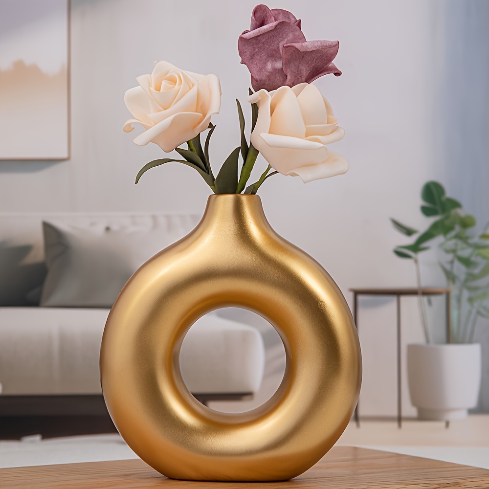 

1pc Golden Resin Vase, Donut Shaped Vase Ornament, Decor