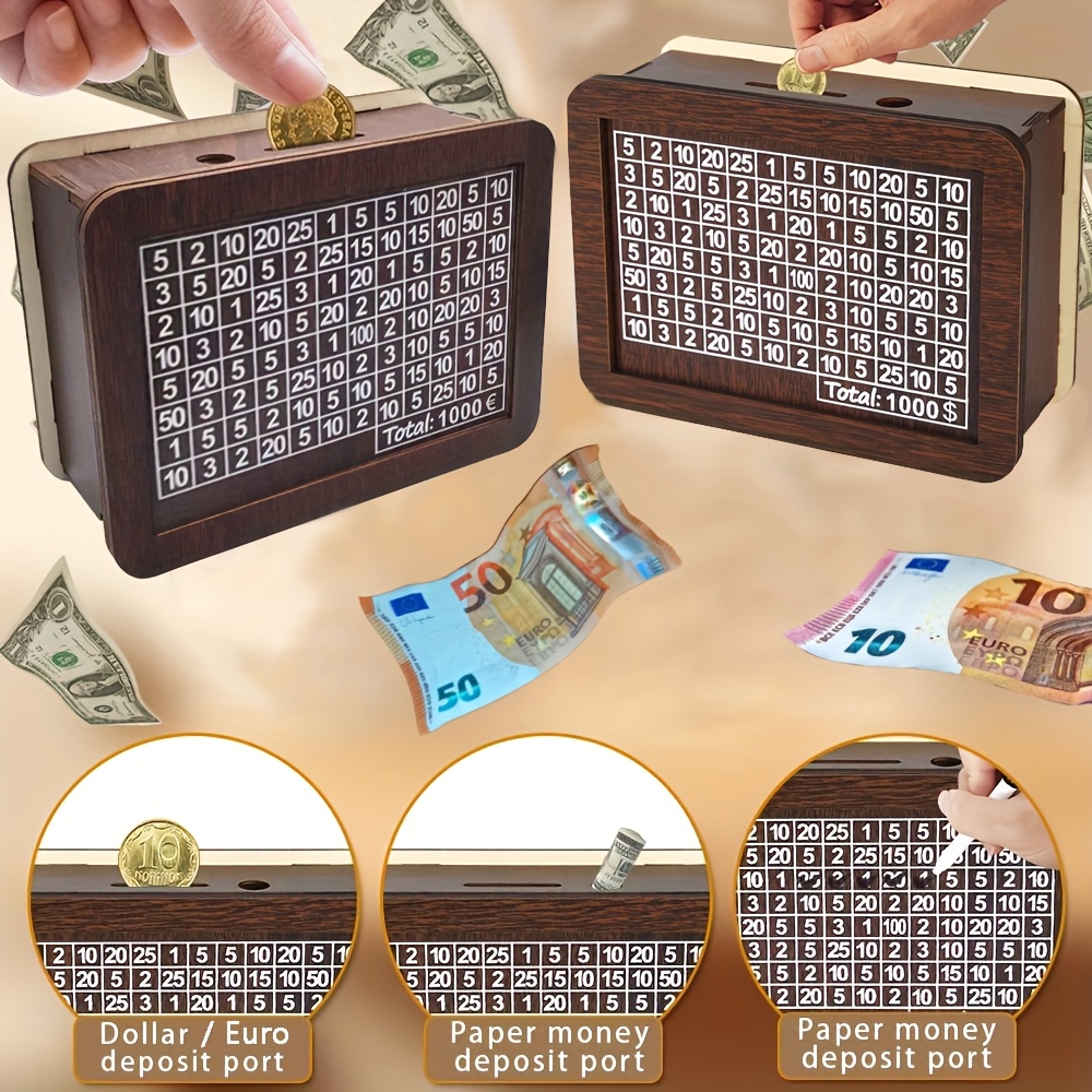 

1pc Portable Wooden Compact Penny Bank With Digital Counter Reusable Coin Bank With 10000$ , Plan Money Box Christmas New Year, Ramadan, Easter Gifts, Organize For Winter