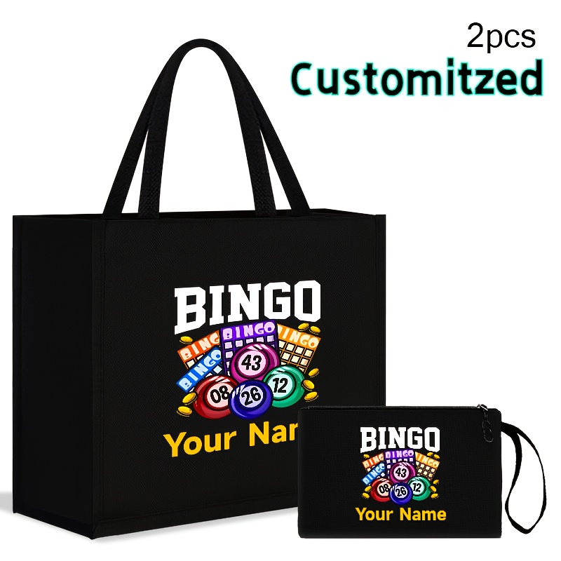 TEMU [] Special Model 887 Bingo Element Printed 2pcs Personalized Name Lightweight Large Capacity Shopping Bag With Makeup Pouch, Vacation Travel