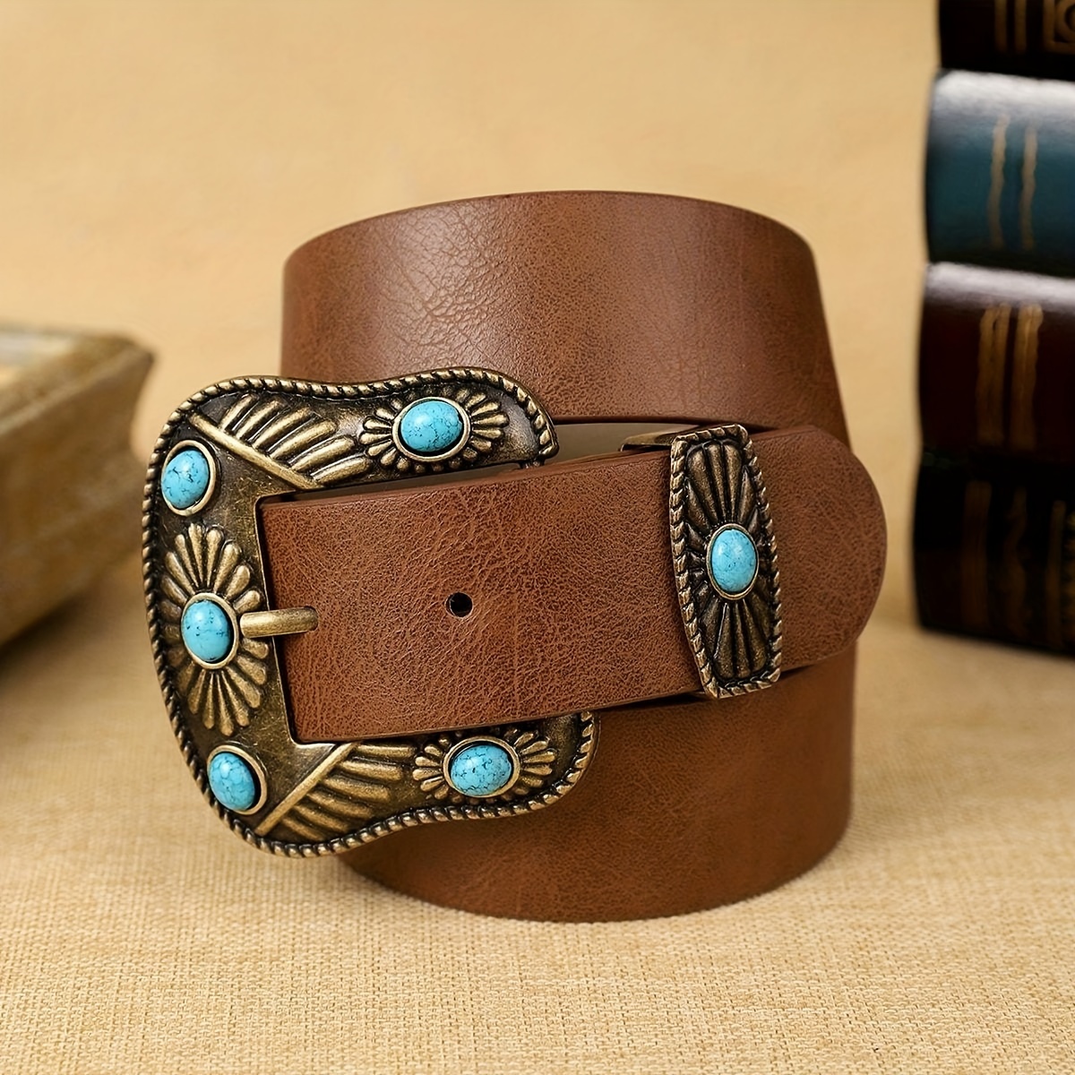 TEMU 1pc Women's Brown Pu Belt With Beaded In Bohemian Style, A Must-have For Shopping, Party, Casual, Comfortable, Fashionable And Versatile Belt