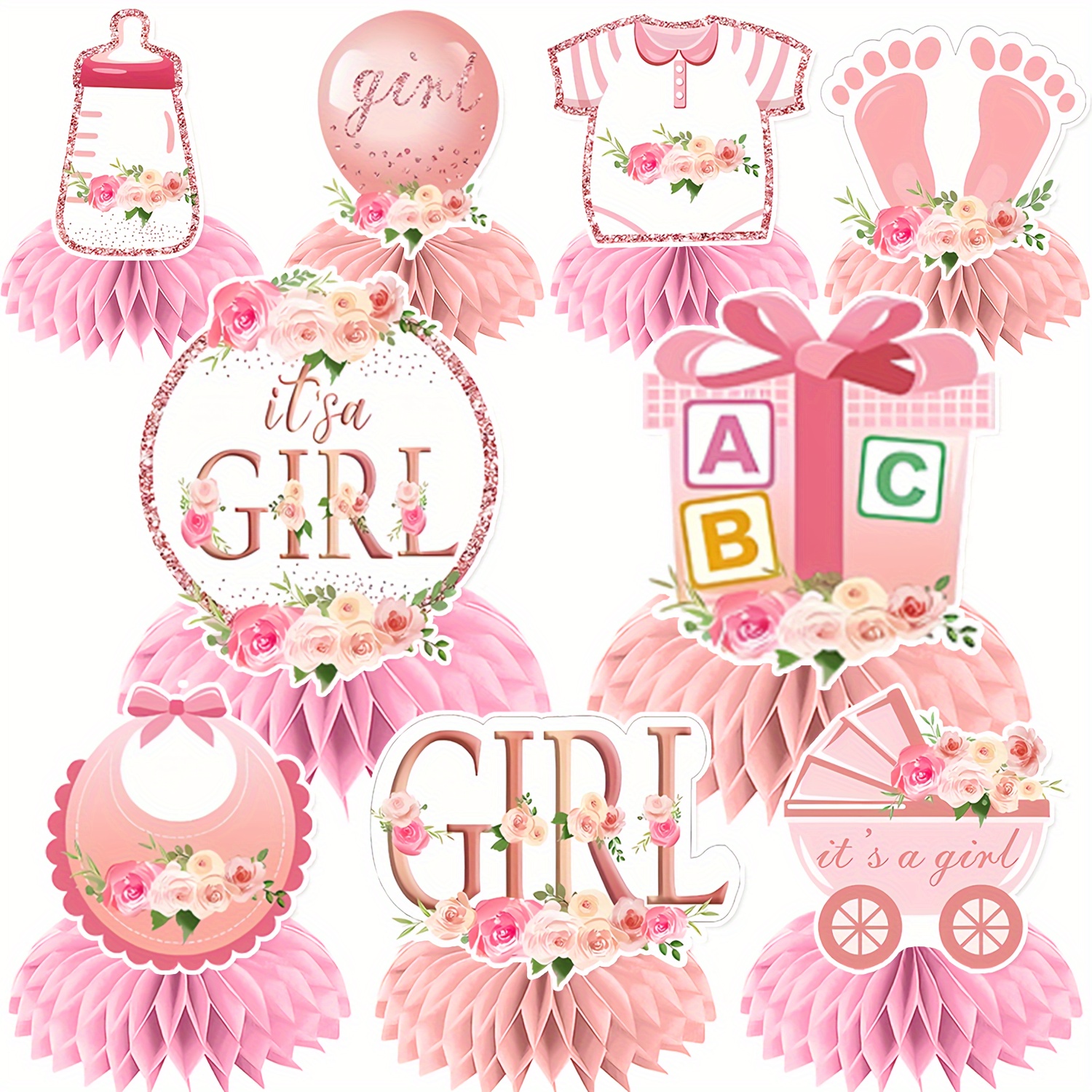 

9-piece Pink Honeycomb Centerpieces Set - Ideal For Gender Reveals, Pregnancy Announcements & Celebratory Events - Elegant Table Decorations