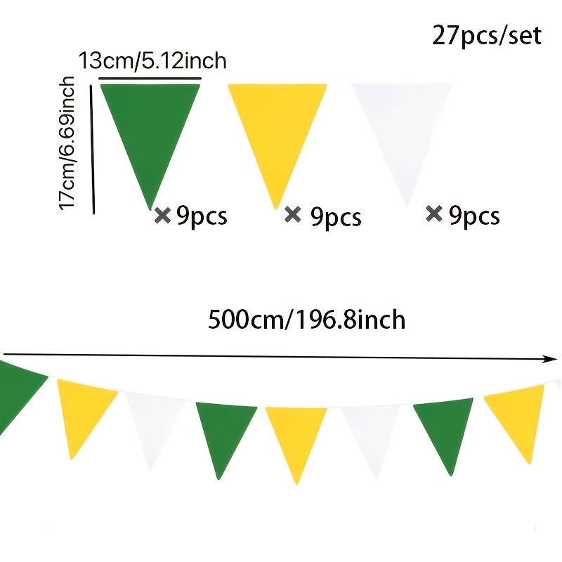 TEMU 27pcs/Set. Guirlande triangulaire en feutre verte, jaune et blanche. pour diverses décorations de fêtes, anniversaires, , remises de diplômes,